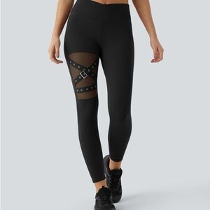 High Waisted Crossover Contrast Mesh Decorative Buckle Yoga Leggings